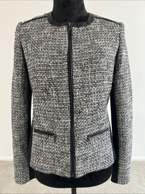 Karl Lagerfeld Black and White Tweed Zip-Front Blazer